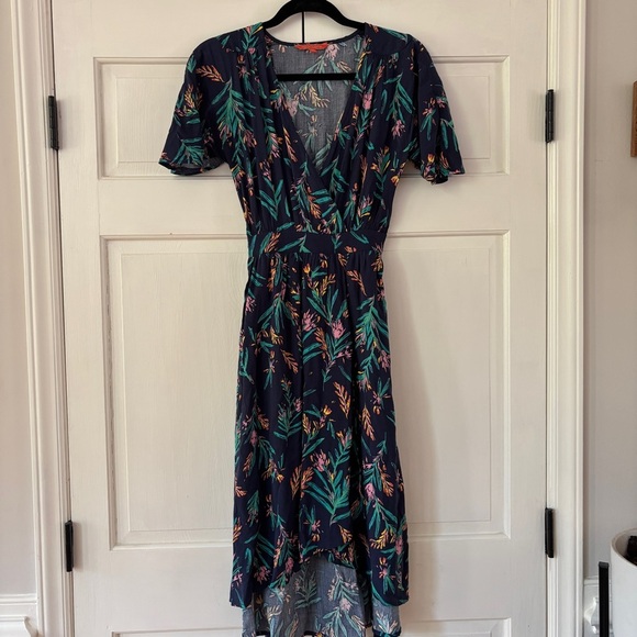 Modcloth Romantic Renewal Faux Wrap Midi Dress Navy Floral Vacation Pink Size XS - Picture 10 of 17